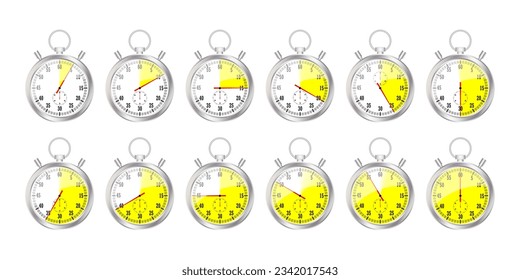 Realistic classic stopwatch. Time counter with dial. Shiny metal chronometer. Countdown timer minutes and seconds. Vector illustration. Eps 10.