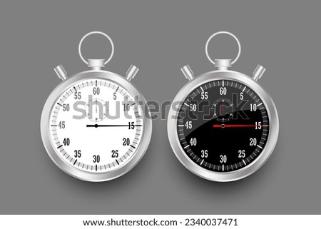 Realistic classic stopwatch. Time counter with dial. Shiny metal chronometer. Countdown timer minutes and seconds. Vector illustration. Eps 10.