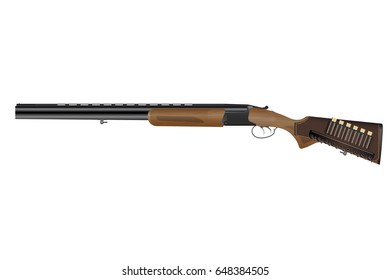 Realistic classic vertical two barrels hunting rifle. Wooden fore and butt, cartridges in leather bandolier. Isolated on white background. Vector illustration EPS 10.