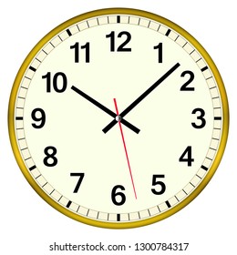 Realistic classic wall clock icon. Gold colored clock vector illustration