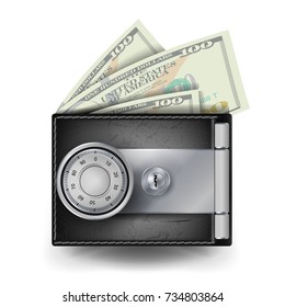 Realistic Classic Wallet Vector. Locked With Padlock. Money. Top View. Finance Secure Concept. Isolated On White Background Illustration