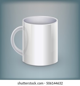 Realistic classic white cup isolated on gray background. Realistic mug. Vector illustration