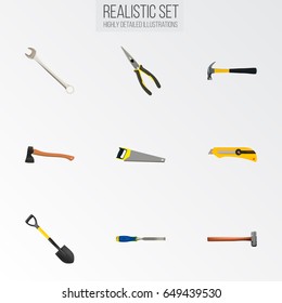 Realistic Claw, Carpenter, Spade And Other Vector Elements. Set Of Tools Realistic Symbols Also Includes Long, Saw, Noise Objects.
