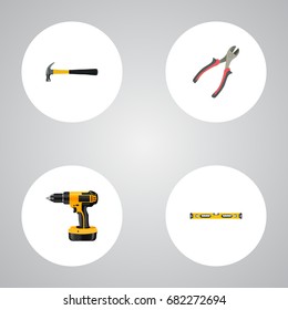 Realistic Claw, Forceps, Electric Screwdriver And Other Vector Elements. Set Of Instruments Realistic Symbols Also Includes Instrument, Ruler, Construction Objects.