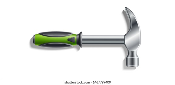 Realistic claw hammer with green handle. Vector industrial workers instrument. Labour day holiday design. Repairing, contractor and mechanic workers equipment. Fixing tool.