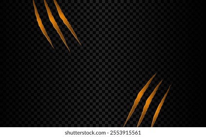 Realistic claw scratch marks in orange on a transparent, checkered background, creative ripped effect.