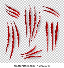 Realistic claw scratches. Vector set on plaid background. Scratch claw animal and illustration shred from claw