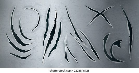 Realistic claws scratches animals set with silver metallic background with cracks and scrapes with ragged edges vector illustration