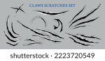 Realistic claws scratches transparent set with text and isolated curvy holes in fabric with ragged edges vector illustration