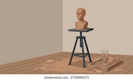 A realistic clay bust of a human head rests on a black adjustable artist's stand, with art supplies on a tray nearby.