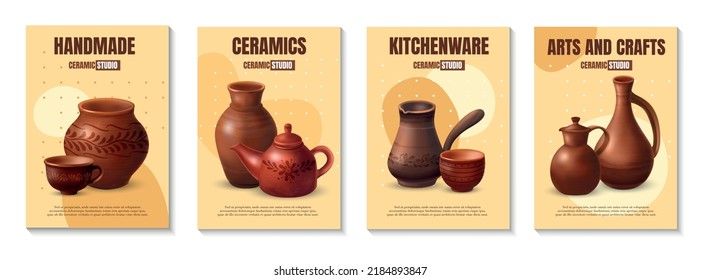 Realistic clay kitchenware poster set with four vertical compositions of editable text and dishware product images vector illustration