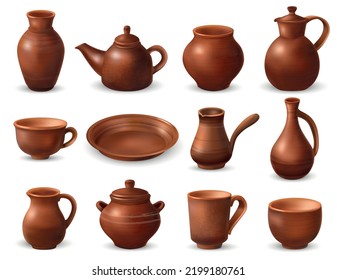 Realistic clay kitchenware set with isolated images of handmade ceramics pieces of dishware on blank background vector illustration