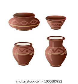 Realistic Clay Pot Set. Ceramic Jug. Beautiful Pottery. Ethnic Crockery. Farm product. Vector illustration.