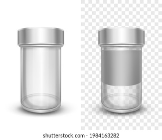 Realistic clean can with metal lid. Empty glass jars with silver caps vector illustration isolated on transparent background. Packing for spices, pepper, sugar, salt and loose products for kitchen.