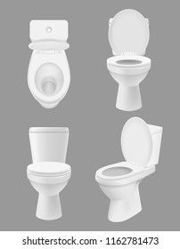 Realistic clean toilet. White bowls in bathroom or washing room various views of close up toilet. Vector hygiene concept pictures. Toilet clean hygiene, sanitary wc bathroom illustration