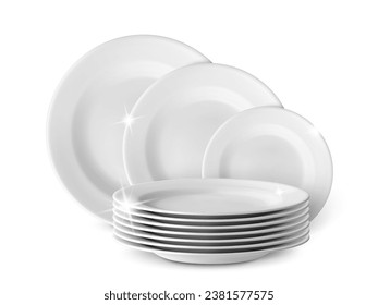 Realistic clean white plates. Washed plate and dish, isolated kitchen elements for promo poster dishwasher or detergent. Shiny tableware stack pithy vector mockup