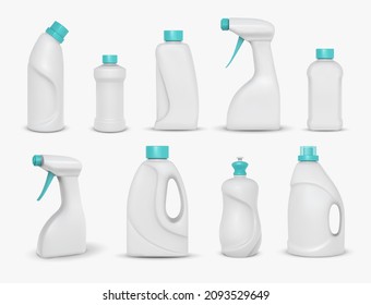 Realistic cleaning chemical products, detergent package mockups. Home cleaner powder, spray and dish wash in white plastic bottle vector set. Illustration of detergent cleaner, realistic product