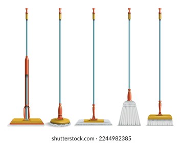 Realistic cleaning mop brush set with isolated front view images of janitorial utensils on blank background vector illustration