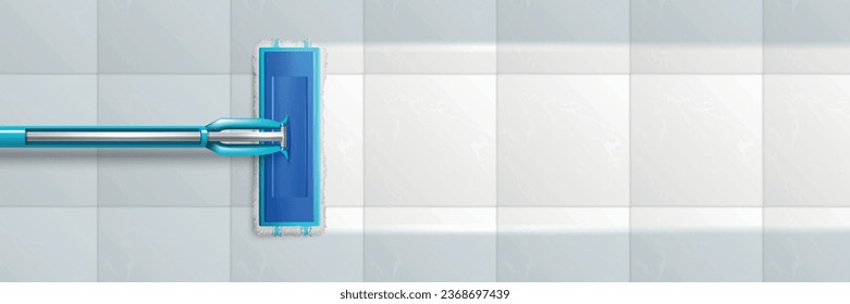 Realistic cleaning mop dirty floor composition with top view of mop leaving trail on cleaned surface vector illustration