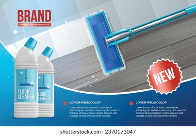 Realistic cleaning poster ads composition with editable text and view of mop with cleaning detergent bottles vector illustration