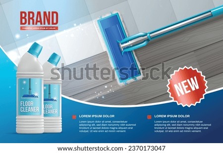 Realistic cleaning poster ads composition with editable text and view of mop with cleaning detergent bottles vector illustration
