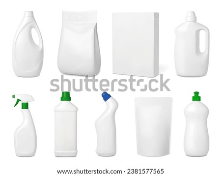 Realistic cleaning products. Isolated white plastic bottles and paper box. Household detergents, 3d packaging mockup. Pithy vector containers set