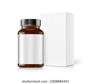 Realistic clear amber bottle with box mockup set. Vector illustration isolated on white background. Can be used for medical, cosmetic, pharmacy, medicine, sport, food. EPS10.	