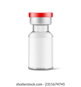 Realistic clear glass bottle for injections mockup. Vector illustration isolated on white background. Can be use for medicine, cosmetic and other. Ready for your design. EPS10.