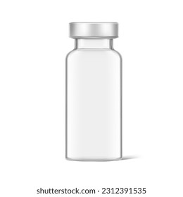 Realistic clear glass bottle for injections mockup. Vector illustration isolated on white background. Can be use for medicine, cosmetic and other. Ready for your design. EPS10.