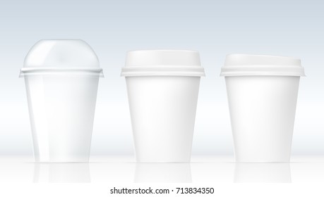 Realistic Clear Plastic Cups Set. White Or Transparent Ones. EPS10 Vector