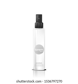 Realistic clear plastic spray, dispenser with black bottle cap for cosmetic oil. Cosmetic product design package. Vector illustration.
