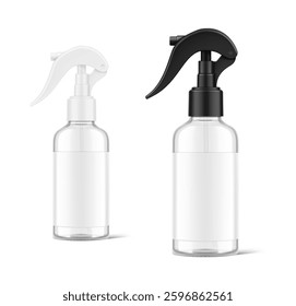 Realistic clear spray plastic bottle with label mockup. Vector illustration isolated on white background. Сan be used for cosmetic, medical, sanitary and other needs. EPS10.