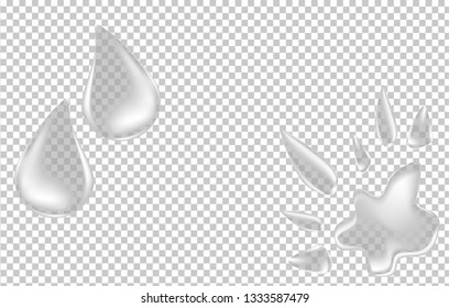 Realistic clear water drops vector illustration. Set of clear water drops. Set of transparent water drops.  Set of drops.