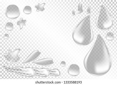 Realistic clear water drops vector illustration. Set of clear water drops. Set of transparent water drops.  Set of drops.