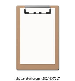 Realistic clipboard folder with blank white sheet of paper. Vector illustration.