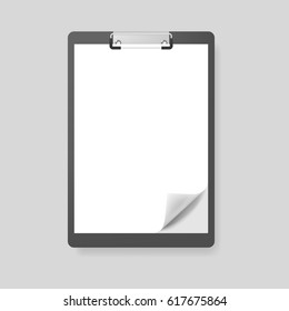 Realistic clipboard folder with blank white sheet of paper with curled corner, vector mockup