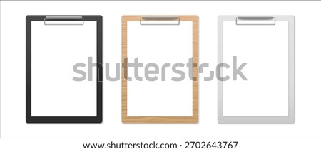 Realistic clipboard mockup set. Office folder. Notepad information board. Paper on black, wood and gray board with holder. Vector illustration