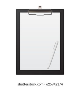 Realistic clipboard with sheet of paper a4 and pen, isolated on white
