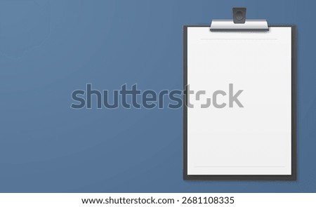 Realistic clipboard with white blank sheet of paper. Business tablet layout. Empty background. Office stationery front view. Page board binder. File folder. Blank notepaper. Vector 3D object mockup