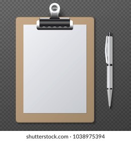 Realistic clipboards with blank white paper sheet and pen. Vector business template clipboard notepad and paper sheet document with pen illustration