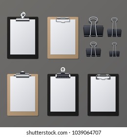 Realistic clipboards with blank white paper sheet. Notepad information board vector illustration. Clipboard and paper sheet page