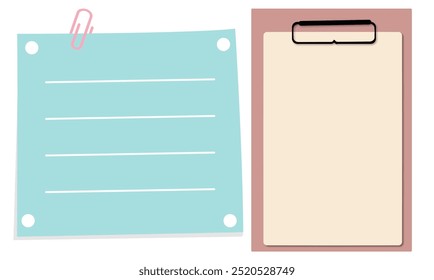 Realistic Clipboards Set Vector. Mock up For Your Design. Paper A4 Size. Isolated On White Background.Paper for note with clip. with . Paperclip for memo. Color notepaper with paperclip for reminder