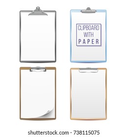 Realistic Clipboards Set Vector. Mock up For Your Design. Paper A4 Size. Isolated On White Background. Top View. Illustration