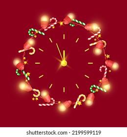 Realistic clock and christmas ornaments, lighting garland and candy canes. Light bulbs glowing round garland on the wall clock.