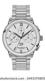 Reloj cronógrafo de reloj realista para los hombres gris plata cara flecha negra sobre fondo blanco ilustración vectorial de lujo.