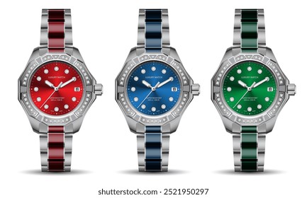 Relógio cronógrafo relógio realista relógio para homens prata diamante vermelho azul verde face pulseira coleção conjunto design luxuoso elegância moda para homens sobre fundo branco vetor ilustração.