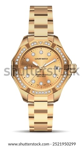 Realistic clock chronograph watch for men copper diamond design luxury elegance fashion for men on white background vector illustration.