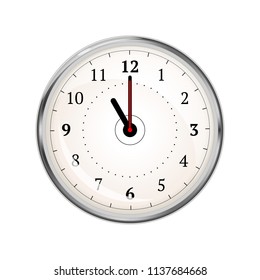 Realistic clock face showing 11-00 isolated on white