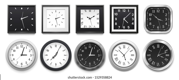 Realistic Clock. Modern White Round Wall Clocks, Black Watch Face And Time Watch Mockup. Deadline Timer Clock, Classic Watches. Isolated 3d Vector Illustration Signs Set