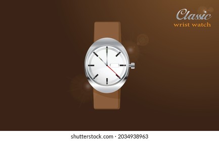 Realistic clock. Clock retro. Elegant silver color, brown leather strap. For men, the background is brown. vector
